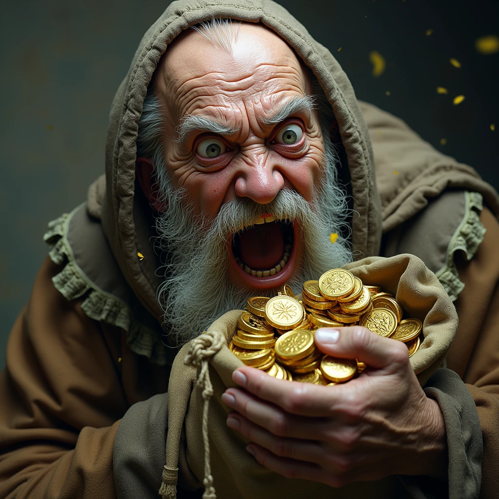 the face of an old, poor man, a ragged beggar with a white beard and old, medieval clothes, hugging a big bag of money and gold coins, with a shocked expression of terror and fear with his mouth and eyes open screaming in fear, Close up of her frightened and terrified face, He looks like a coward and it&#39;s funny to see him