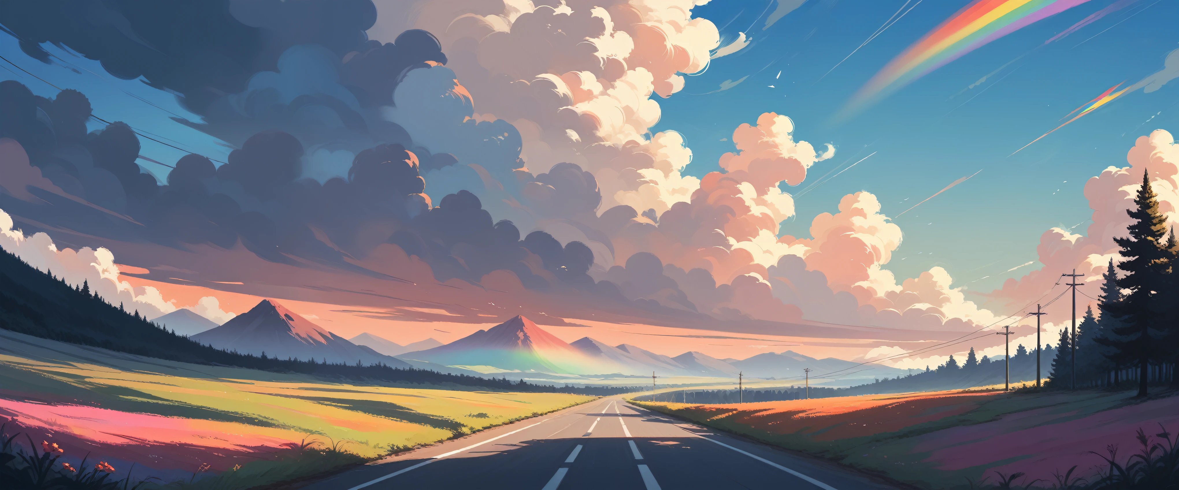 Road sky astronomy outdoors,Pastel Rainbow,landscape,fall
