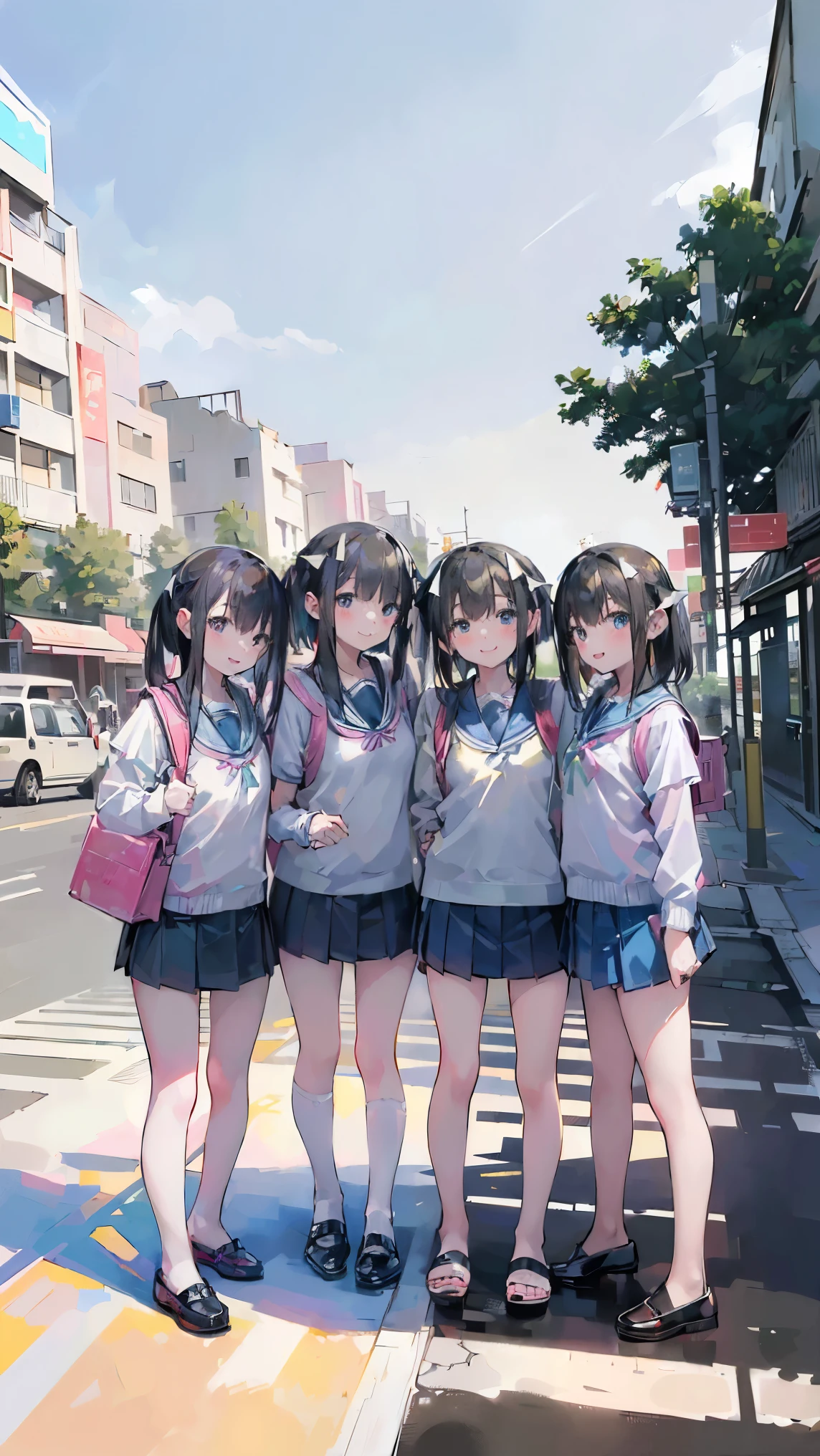 masterpiece, Highest quality, High resolution, Very detailed,(((Four Girls))), (((Multiple Girls))), (((smile)))、(((Standing in the distance))), (((Carry a school bag。))), (((Private Server))), (((blue sky))), (((pedestrian crossing)))