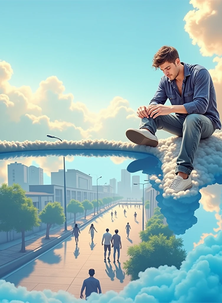 man is in heaven, sitting on a cloud that blends into a pool. He is sitting on the edge of the pool, about the cloud. From up there, he looks at the pool and sees clearly, as if it were a mirror, people walking on the sidewalks of a street below