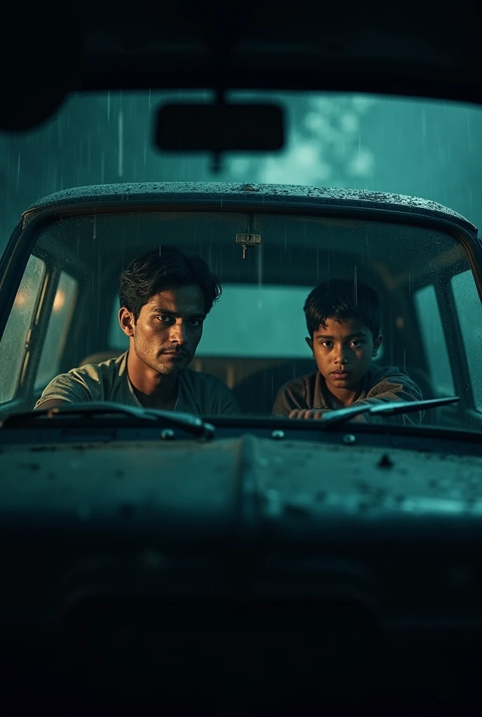 cinematic, photorealistic film poster of a young father driving an old van looking at his son, in heavy rainfall dark night, fear in faces, tension, frontal face shot, misty air, wiper wiping windshield, dim light, close up, Kalimpong Sikkim Highway