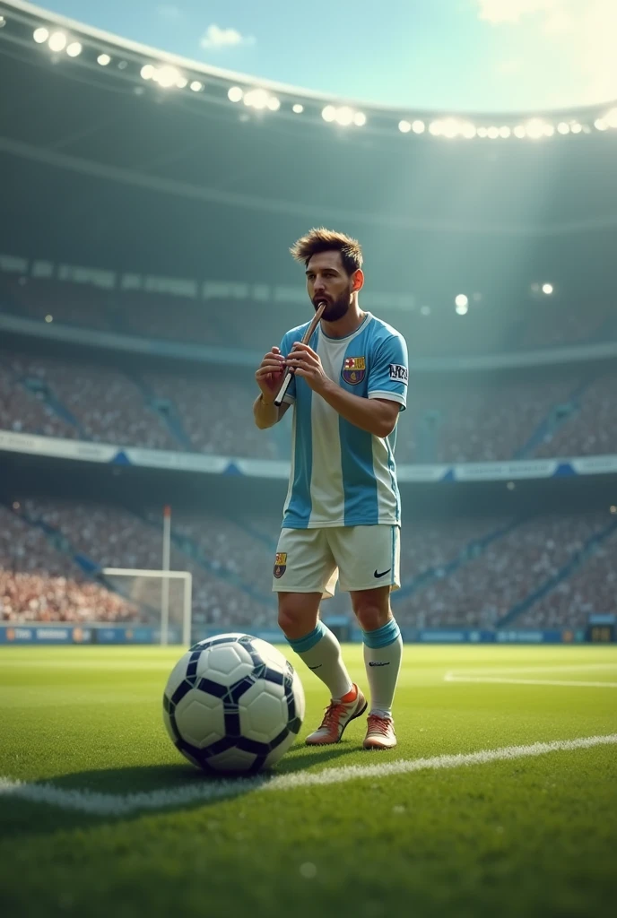 Messi is playing the flute in a football ground with a beautiful football