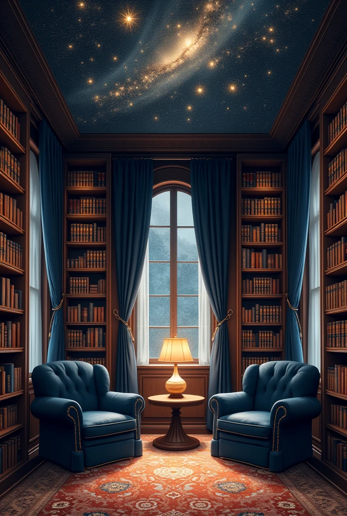 [The room is depicted with tall bookcases filled with books lining the walls. Two armchairs in dark blue fabric are placed at the end of the room, their seats facing the viewer. Overhead, the ceiling is adorned with several transparent cloths, each with a different arrangement of starry patterns. The windows are covered by heavy black curtains, their silvery star and moon embroideries catching the light. The atmosphere in the room is one of comfortable tranquility, the books and the celestial motifs creating a calm, intellectual ambiance.]