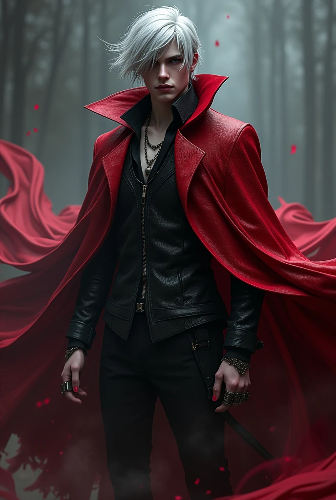 Create a character inspired by Dante from Devil May Cry with paler skin, Bblack hair, no tattoo and a red and black coat