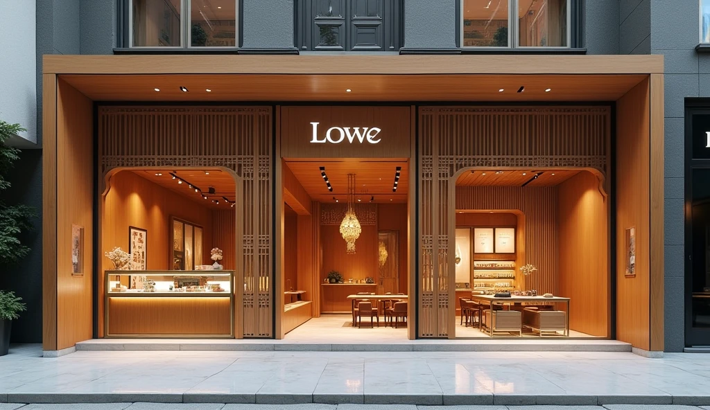 "Zuijiangyue" architectural store design,Mainly new Chinese wooden style,Makeup product store,Design the exterior of the store,Give a complete picture with perspective,The name of the store Loewe and "Drunk River Moon"