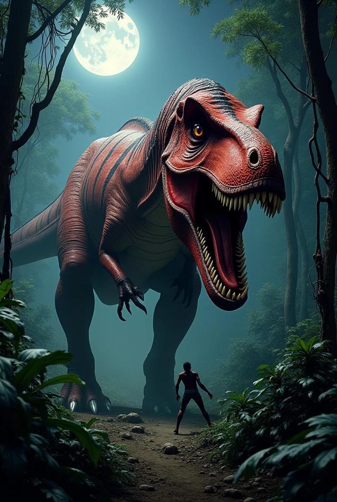Red Tyrannosaurus Rex with black stripes in the African forest at night in front of a hunter. Terror.