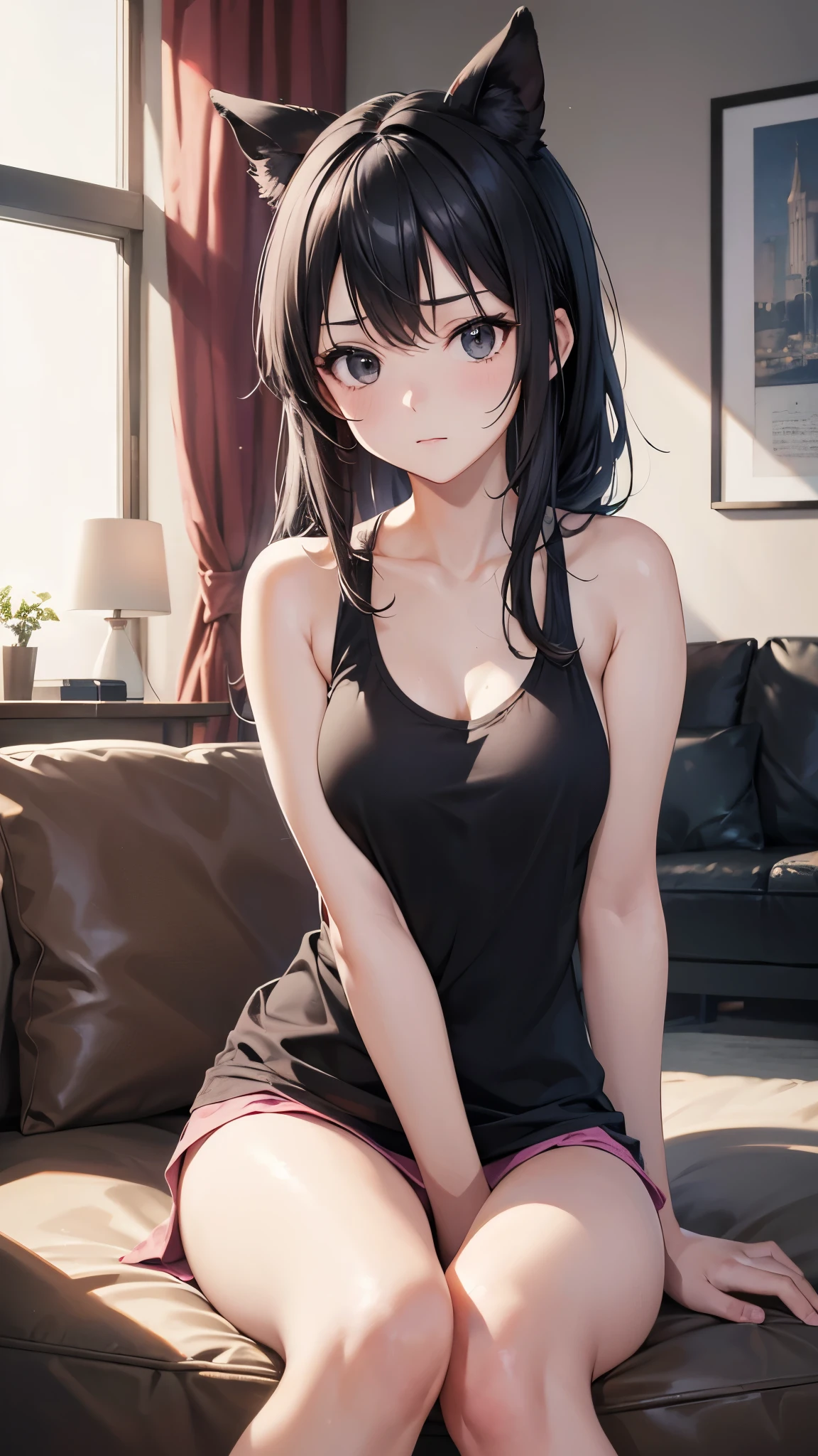 (super flat, flat shading, flat color:1.1)、(magazine cover)、An illustration、(One Asian boyish girl)、(cute:1.2)、Very beautiful 14 year old girl manga、cheeks are red、(high detail skin: 1.2)、embarrassed look、open your mouth、Photorealistic anime girl rendering、Realistic anime 3D style、beautiful brown hair、intense black eyes、strong eye highlights、(get used to it、Medium chest)、perfect anatomy、(Sweat)、Pale pink underwear、(wet with water)、spread your legs、head tilt、sit on the sofa、((heart cutout))、volume lighting、soft light、bright、Light from behind、bright色、watercolor painting、shortcut、hair band、frills、Sweatばんで光る肌