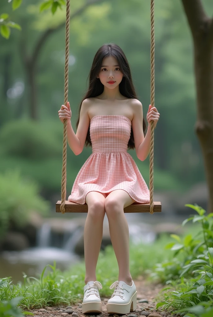 A young Thai chubby woman sits on a wooden swing in a lush green outdoor setting. She is 156 centimeters tall, and 47 kilogram-weight. She wears a light pink checkered dress and white platform shoes. Her long dark hair falls softly over her shoulder as she gazes thoughtfully at the camera. Surrounding her are vibrant trees and a hint of a stream in the background, creating a serene atmosphere. The ground is covered with grass and small stones, completing the natural scene. Depict a slender young woman with a and graceful figure, sitting on a wooden swing. She has a delicate frame with a small waist, long legs, and a gentle, natural posture. Her arms are slim, and she holds the swing's ropes lightly, adding to the overall impression of elegance. The setting is an outdoor scene with a green, leafy background, complementing her soft and feminine presence.