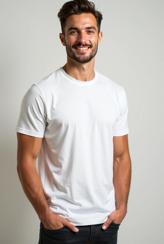 a young man standing with a white t-shirt mockup