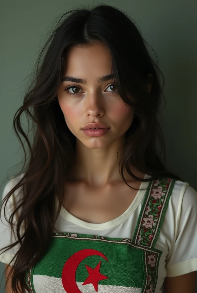  Close up of sad young woman with beautiful hair wearing a patterned dress with Algerian flag embroidered on it, T-shirt 
