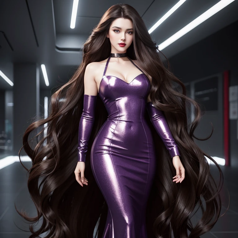 perfect face, red lips, green eyes,long dark brown hair with very long dark brown hair, super long dark brown hair with very super long dark brown hair, large hair, huge hair, woman wearing purple waisted mermaid dress,full body costume, cyberpunk model, render style , realisian proportions, good proportions