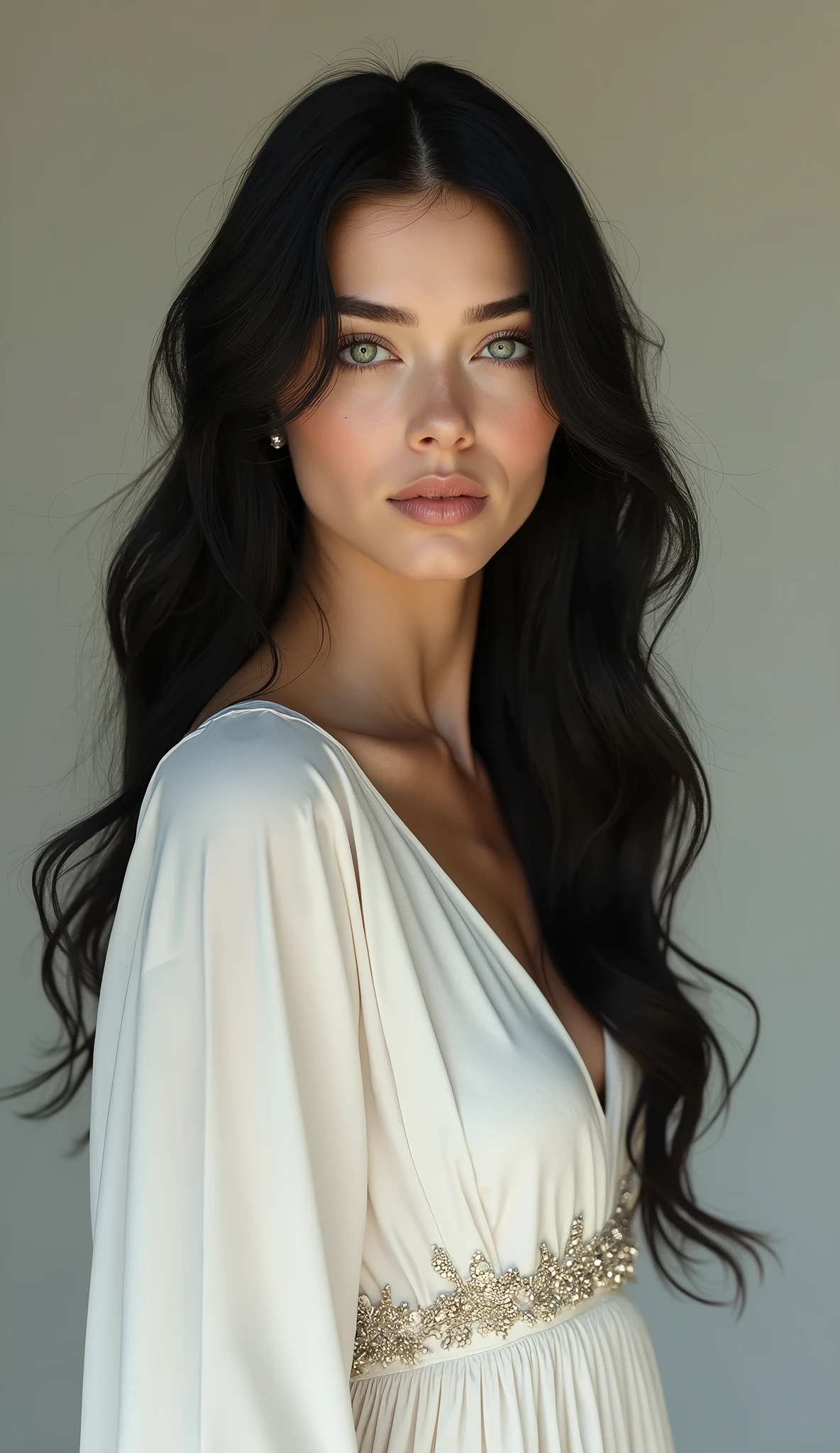 Beautiful 1 young woman, Bblack hair, long hair,greeneyes, minimalist wedding dress,In Franja, Long fabric format,