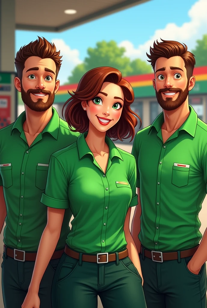 5 gas station attendants, 2 women and three men in green shirts 
