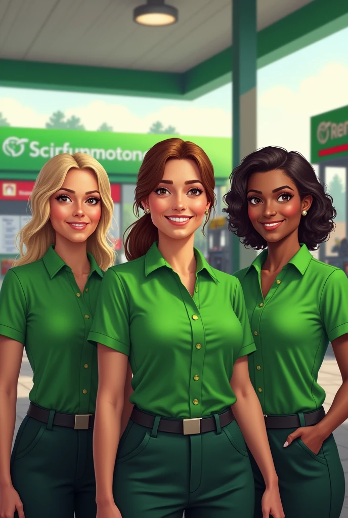 5 gas station attendants, 2 women and three men in green shirts 