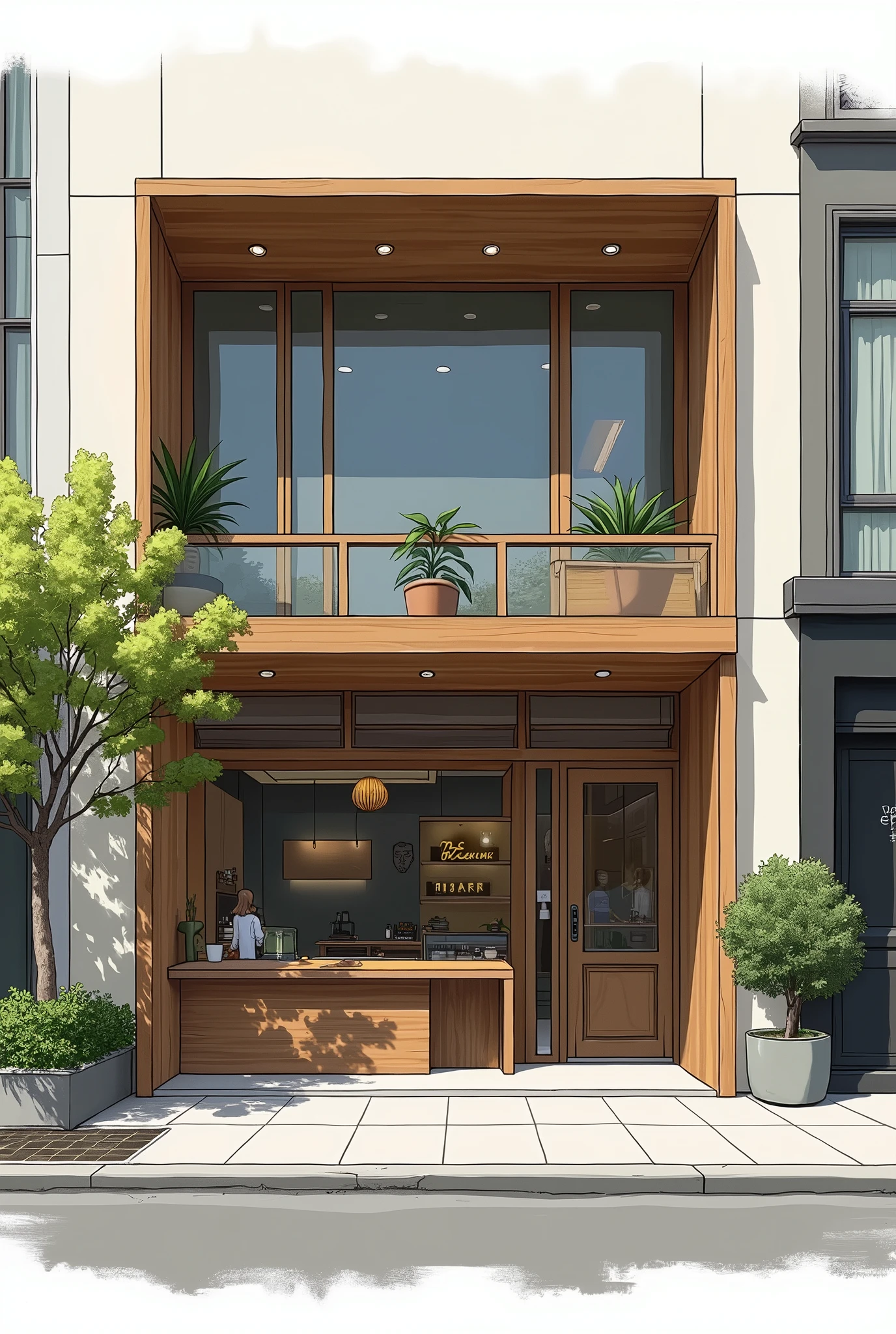 Generate an illustration/Architectural drawing of the facade of a cafe designed by a studio.