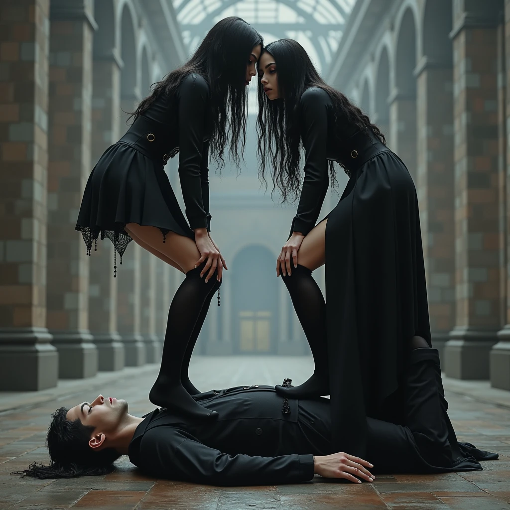 ((best quality)), ((masterpiece)), (detailed), 2 gothic girls wearing thigh high socks are each at the same time standing directly upon a man who is laying on the floor, real photo, human, 8k, crushed by 2 gothic girls, 1 girl is standing on his stomach and the 2nd girl is standing on his face, full vertical picture, hyperrealism, photo, 4k