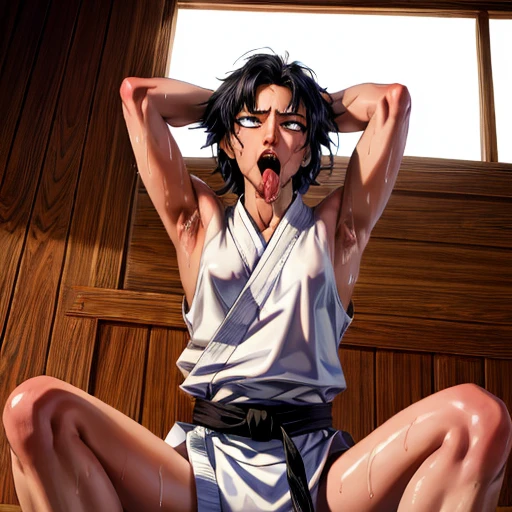 ((((masterpiece, best quality, high resolution)))), Extremely detailed 8K, 1 female, wearing a white Karate gi, (ahegao),white eyes, Small breasts,full body, kneeling, tired, (muscle:1.4), japanese clothes,  No underwear,No eyeballs, Facing the audience, looking at the audience, tired, from below, (Exposed armpit:1.1), ((armpit:1.2)), sexy, Sweating, More and more sweat,(ahegao), (Roll your eyes),  open mouth, Sticking out tongue, saliva, Slobber,Skinny, raise arms, (arms above head:1.5)(Ultra HD, Ultra-detailed, Highly detailed, Highly realistic, Ultra-realistic, photograph realistic), (1girl:1.5), (Realistic black hair), (dynamic poses), facing at camera, looking at viewer, (slightly serious face), (perky breasts:1.2), (beautiful detailed face, beautiful detailed eyes), ((worn out karate gi)), (preparing for a fight), sweat, glow,ahegao, armpit, sweat, open_mouth, Sticking_ out_tongue, saliva, Slobber,raise_arms, Japanese_clothes,small_breasts, facing_the_audience, muscle, kneeling, tired, mind_control, soifon No_pupils, blank_ eyes, unconscious, oral_invitation,Rolling_eyes, (sunbeam, sunlight), ((cowboy shot)), inside a training gym, seductive, EnvyBetterHands LoCon,