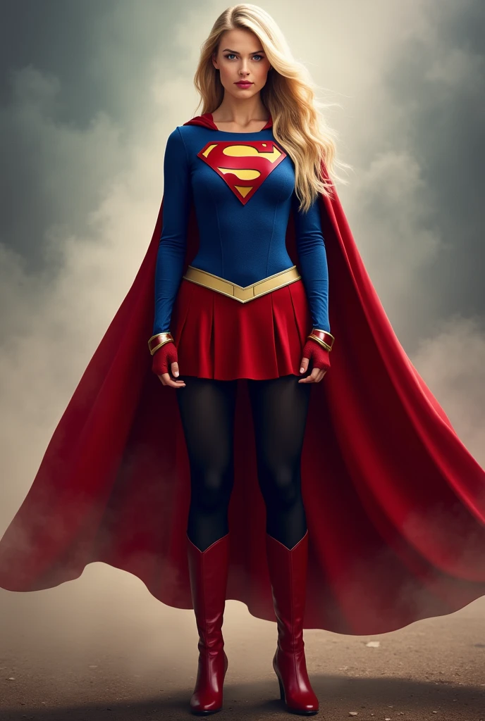 supergirl, full blue body suit, long blonde hair, red elbow gloves, red gauntlets, black tights, red boots, red skirt, gold belt, really long red cape, standing, looking straight, full image from head and legs, hands cuffed