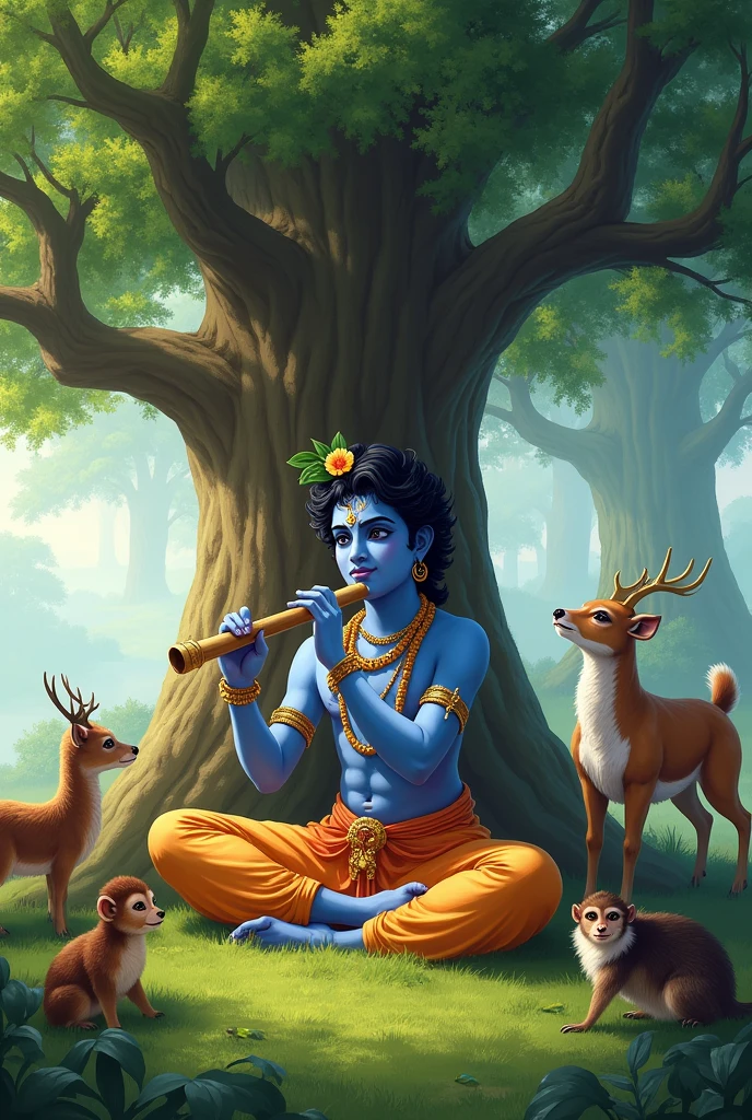 LORD KRISHNA SITTING UNDER TREE PLAYING HIS FLUTE WHILE ALL OTHER ANIMALS ARE THERE SURROUNDING HIM