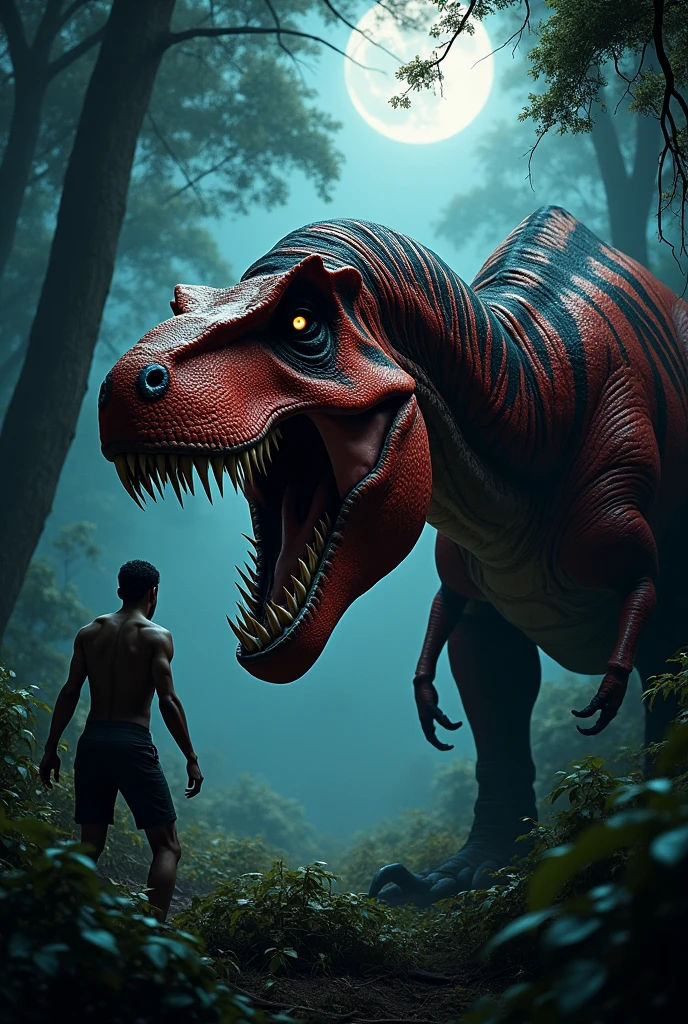 Red Tyrannosaurus Rex with black stripes in the African forest at night in front of a hunter. Terror.