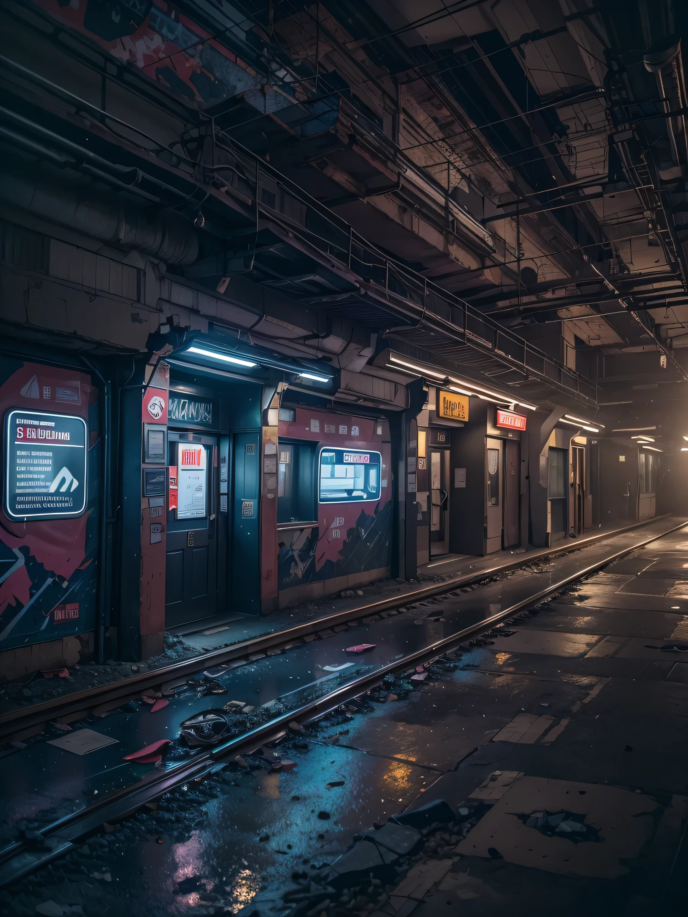 A nostalgic unused subway station, cyberpunk scene, still, featuring crumbling facades, harsh fluorescent lights, broken windows,shadows cast on walls, at night,
Masterpiece,best quality,hi res,8k,hi res,8k,award winning,(sharp focus, intricate, highly detailed),