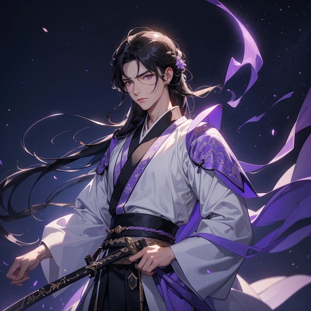 A Handsome black-hair male holding a large sword in white hanfu dress, Background is a dark moonless night, with dry trees in the background, and purple glowing light, close up.