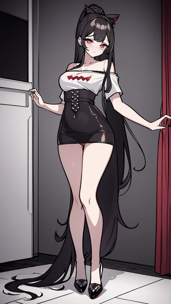 using pantimedies, wavy black hair, piercing look with deep red eyes, average stature, Waist length hair, Silky hair with a ponytail hairstyle collected with a red bow with two white lines, has a vagina, has breasts, cup of breasts, small breasts, slim, foreground, Session, sitting in her room, standing in his room, wearing pantyhose, using pantimedies, Picardias, neckline, looking at the viewer, lascivious smile, ((oversized t-shirt)), off the shoulders, without pants, washing machines, thighs, ((White T-shirt)), standing, hands on the hips,, shoes, blush, from below, thighs gorditos, thighs grandes, big ass