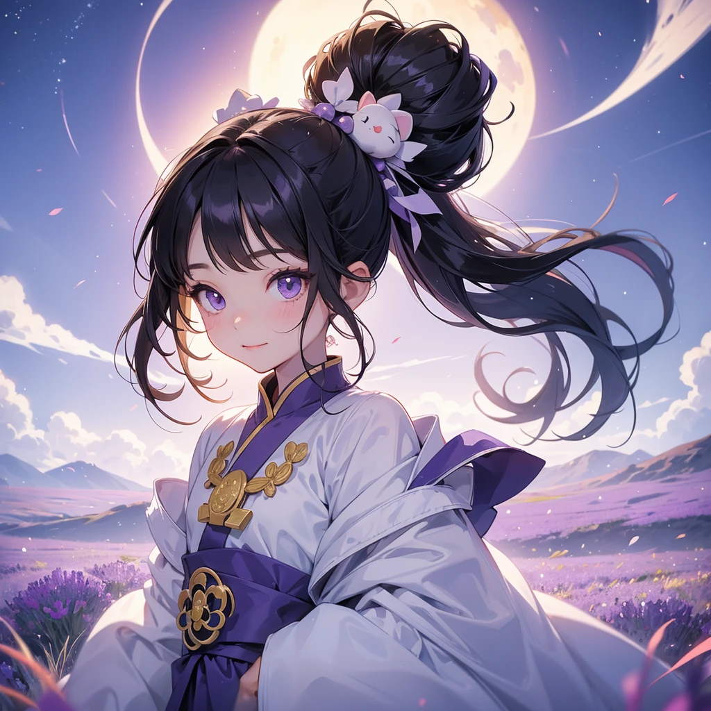 A chibi girl had a small face and Wearing white little Taoist priest's outfit. A pair of big round eyes shone with curiosity about him. This childso cute! ,her hair is black with two buns on her hair.small chibi, chibi baby, smilThe little chibi boked up with chest raised, and his face was old and proud.
Stroll among the purple lavender fields , There are some floating clouds.