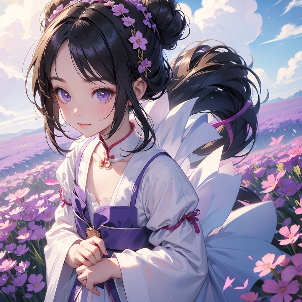A chibi child girl had a small face and Wearing white little Taoist priest's outfit. A pair of big round eyes shone with curiosity about him. This child was so cute! ,her hair is black with two buns on her hair.small chibi, chibi baby, smiling,The little chibi baby looked up with his chest raised, and his face was old and proud.
Stroll among the purple lavender fields , There are some floating clouds.