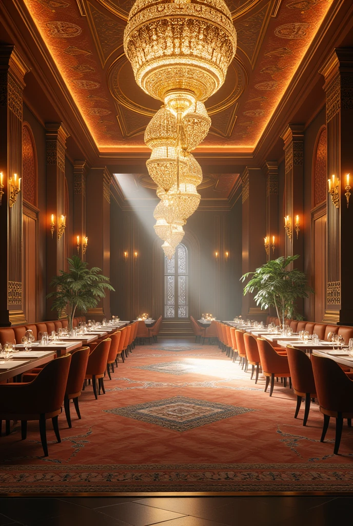 There is a dining room with tables, chairs and chandeliers, society cg 9, palácio persa futurist, Royal Engine of the CG Society, redshift houdini, futurist. CG game, Cinema Unreal Engine 4D, Glamorous cyberpunk interior, Ultra-realistic 8K symmetry, René Lalique and Eddie Mendoza, unreal cinematic 5, Cinematic Smooth Unreal Engine --auto