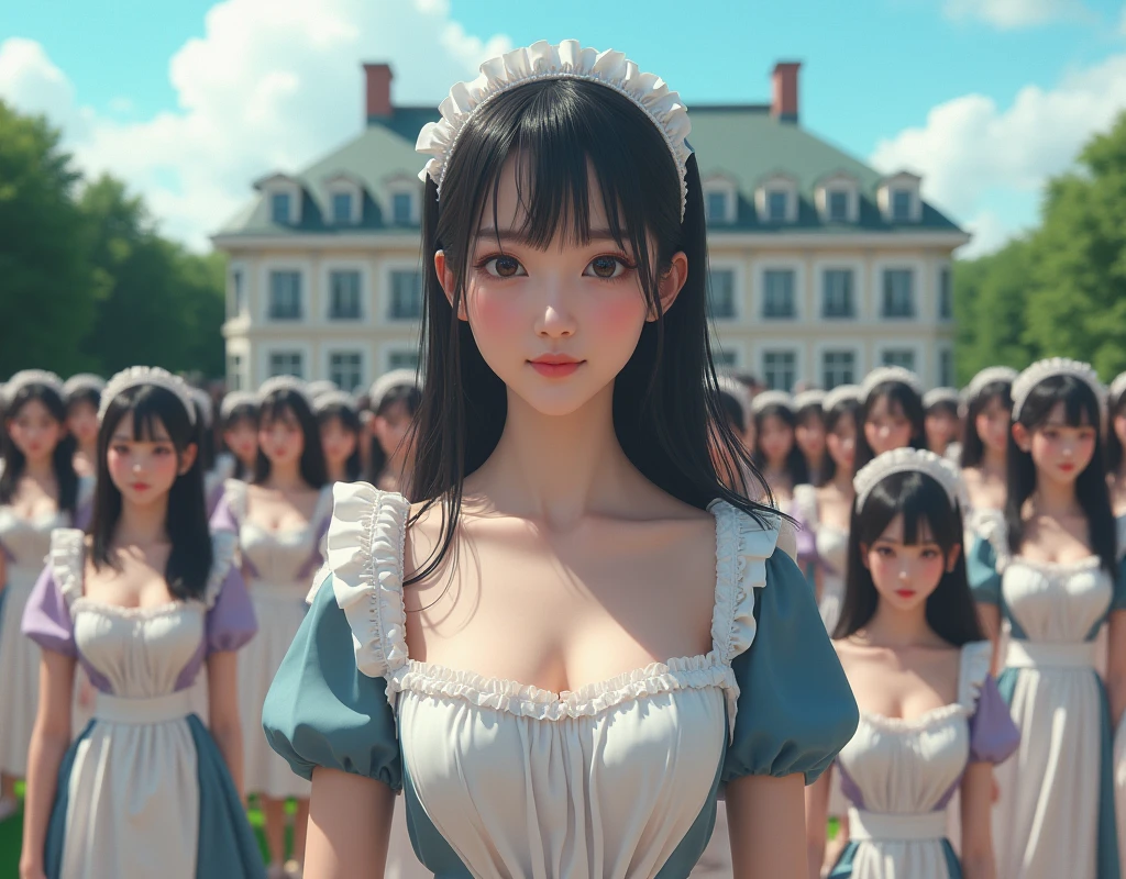 (No need to take a close-up of the subject in the center of the front), (Japanese Clone-girls=Myself), (Super Best masterpiece Clone-girls Raw Photography Art), (16K, Highest quality, Ultra-high resolution, RAW Photos), (It's so unrealistic., With unparalleled depiction, With an unfathomable sight, An unprecedented and shocking worldview, Clone-girls: In a world of mass reproduction, Ultra-realistic depiction), (Japanese girls, Sasaki Nozomi, 26yo), (Small face, Glossy dark hair, long hair, Dark Eyes, Mature face, Cute Smile), (A charming smiling face), (Very beautiful and detailed girl, Accurate body structure, Accurate body movements, Very detailed body), (Super big breasts, Large bulge of ample breasts), (orthodox maid clothes, Emphasise the fullness of your breasts), (Very detailed, Myself cloning, Depiction of splitting oneself, 1Myself girl→1,000,000,000,000,000,000,000,000,000,000Myself cloning girls), (Myself clone girlsは, With the same perfect appearance, to multiply in large numbers), (Very detailed depiction, Myself's multiplying female body, In the same female body,With the same face, With the same hairstyle, In the same clothes, At the same height, 同じSuper big breastsで, A completely indistinguishable female body, 1,000,000,000,000,000,000,000,000,000,000 people), (Myself girls only), (1,000,000,000,000,000,000,000,000,000,000Myself girls), European-style building, A vast 100ha rose garden, Scenes of doting affection between myself, Physical contact, Cute smile, A happy smile, Pleasant blue sky