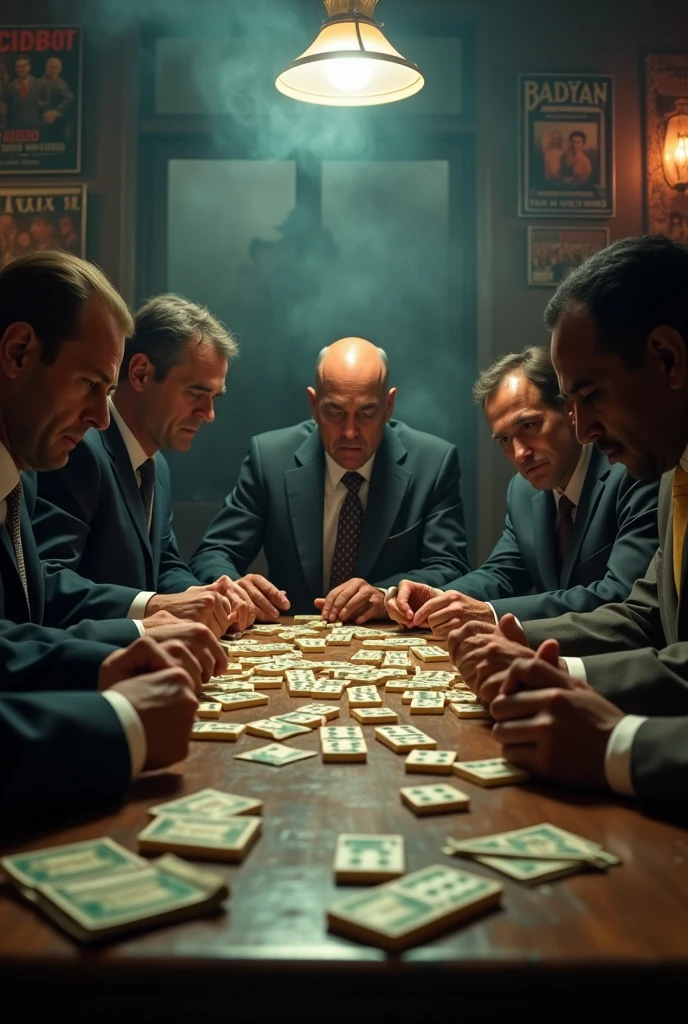 I want to create a very striking image where there are people playing dominoes and betting money.