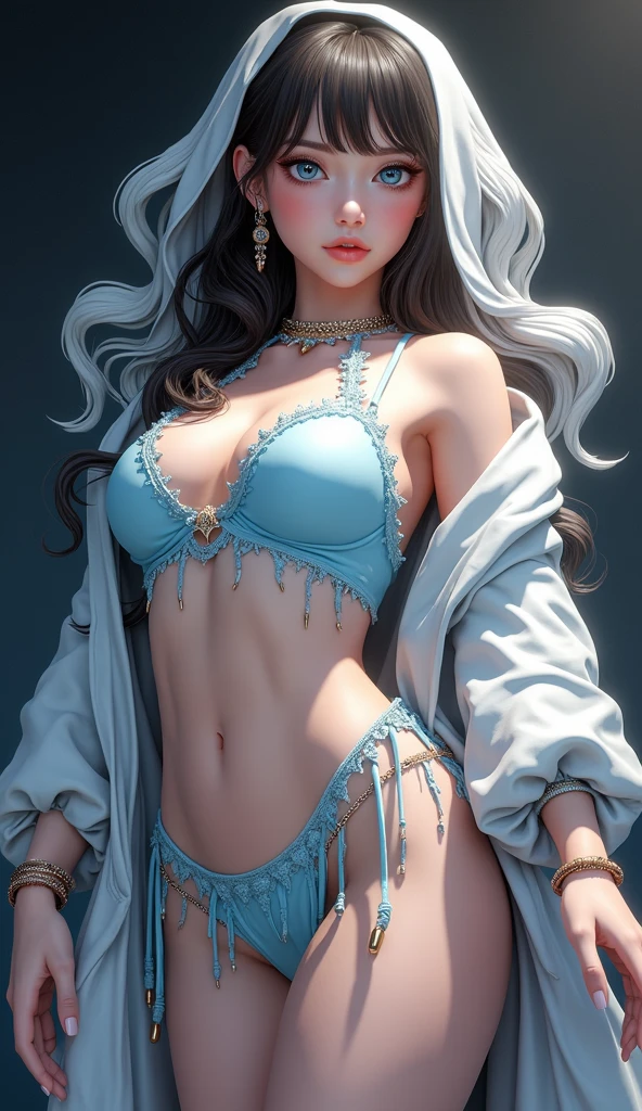 realistic, realism, photorealism, photorealistic, high contrast, (photorealistic:1.4), 8k high definition detailed realistic, (best quality, masterpiece:1.2), NSFW, photon mapping, radiosity, physics-based rendering, best quality, highly detailed, Plump body, Blue eyes, full body, look at viwer, semi-nude body, big , body fit, hourglass body, defined face, defined eyes, texture 4k, sleeping on the back, Spread the leg.