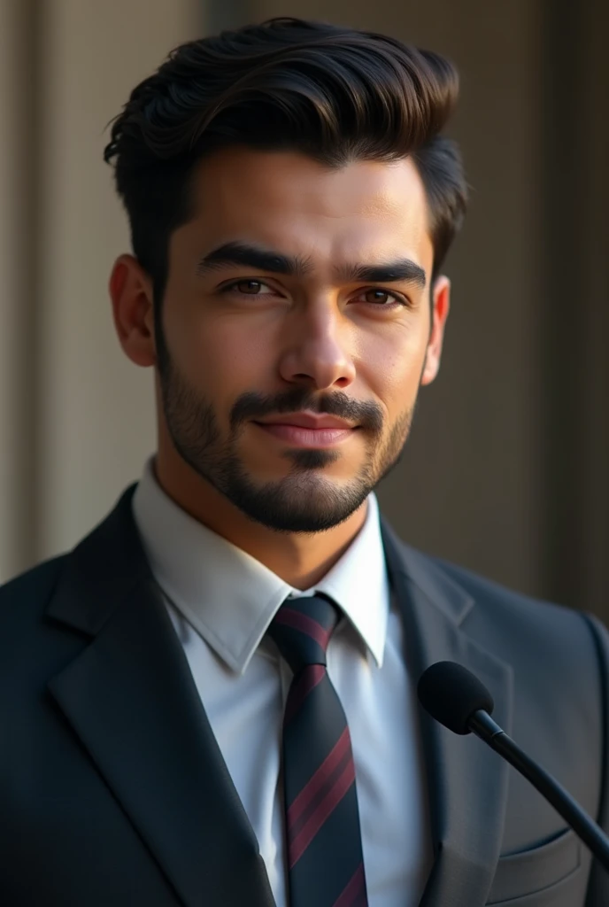Create an image of a young politician,attractive with very Bolivian features who is a man