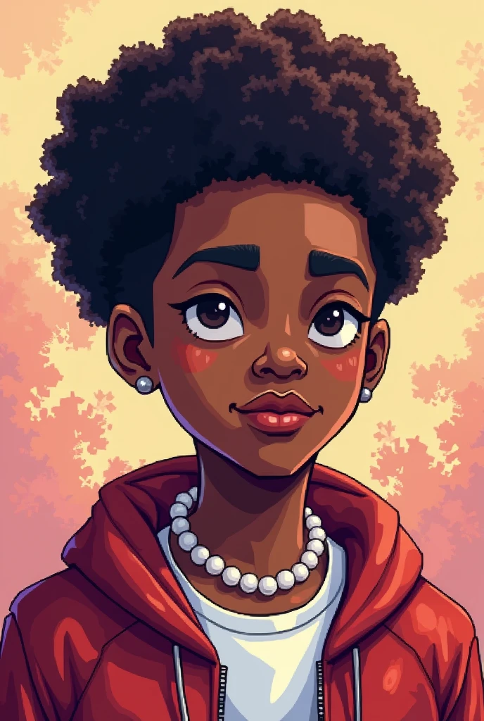 Create a pixel art of a rapper Brown boy with curly hair and a pearl necklace