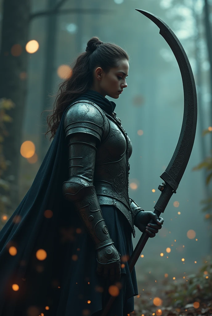 ((masterpiece, highest quality, Highest image quality, High resolution, photorealistic, Raw photo, 8K)), (((atmospheric, moody))), (((light and shadow is the focus of the image))), (((glowing light sources))), ((Extremely detailed CG unified 8k wallpaper)), (a real warrior), A girl wielding a huge scythe, metallic fullbody armor, movie poster, large "