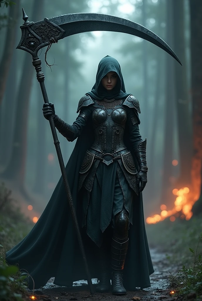 ((masterpiece, highest quality, Highest image quality, High resolution, photorealistic, Raw photo, 8K)), (((atmospheric, moody))), (((light and shadow is the focus of the image))), (((glowing light sources))), ((Extremely detailed CG unified 8k wallpaper)), (a real warrior), A girl wielding a huge scythe, metallic fullbody armor, movie poster, large "