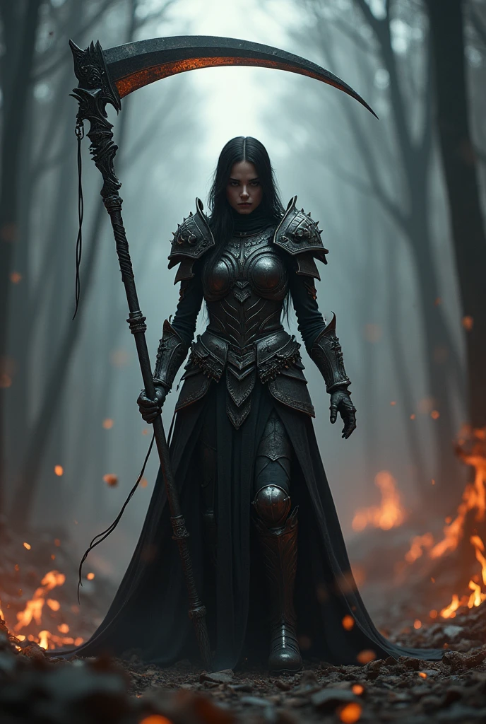 ((masterpiece, highest quality, Highest image quality, High resolution, photorealistic, Raw photo, 8K)), (((atmospheric, moody))), (((light and shadow is the focus of the image))), (((glowing light sources))), ((Extremely detailed CG unified 8k wallpaper)), (a real warrior), A girl wielding a huge scythe, metallic fullbody armor, movie poster, large "
