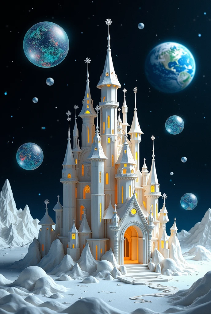 Castle on the moon with floating bubbles quilling style