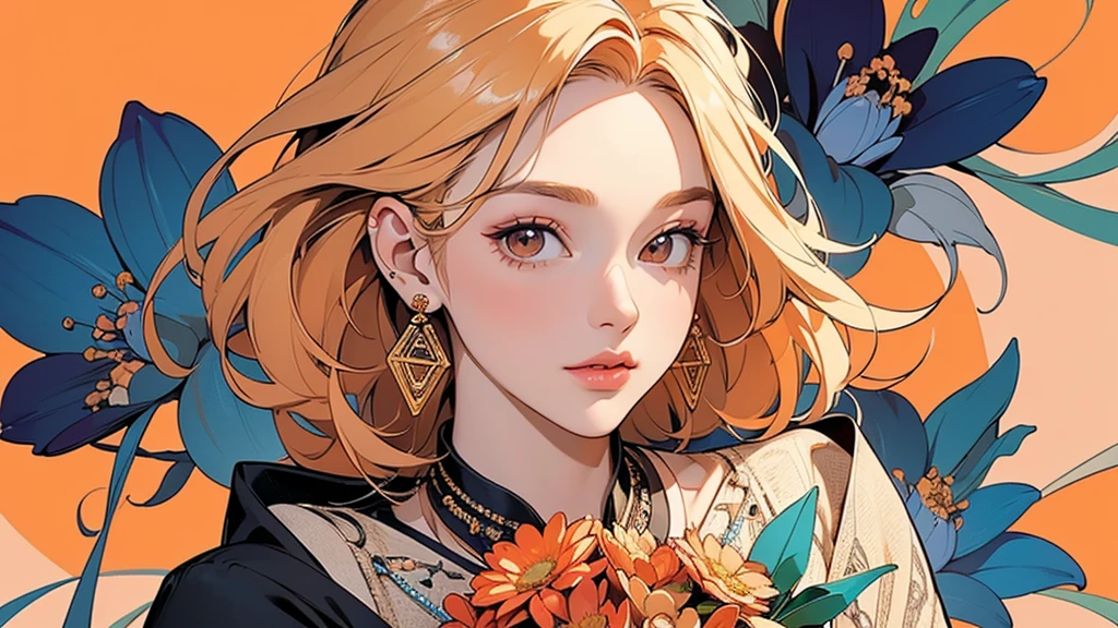32K, 最高quality, 最高masterpiece, (ultra-Detailed Background, Detailed Background), High resolution, Super detailed, Very detailedな, 1 personの, (bouquet:1.3), (Tangled:1.2), (Geometric:1.2),(colorful),(masterpiece, quality, best quality, Official Art, Beautiful and beautiful:1.2), (1 person:1.3), Very detailed,(colorful:1.1)(Flowers:1.3),Most detailed,(Tangled:1.2), whole body, (Abstract background:1.3), (Skin glows), (Many colors:1.4), ,(Earrings Jewelry:1.5), Pale Orange Background, It's imaginative., Flaxen Hair,