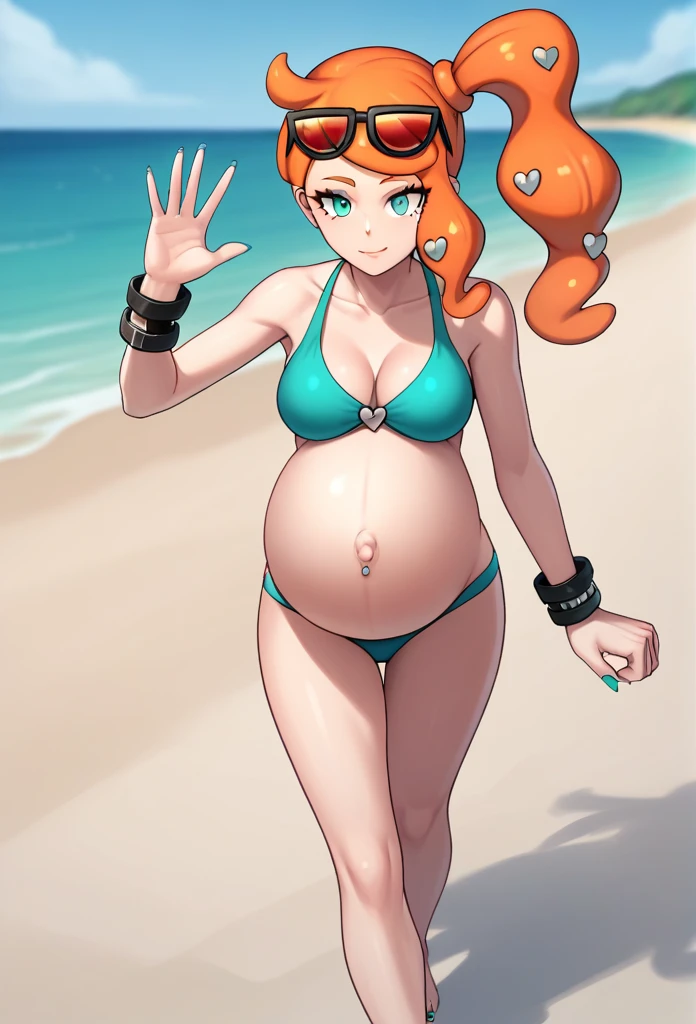 score_9, score_7_up BREAK solo,EPpkSonia,orange hair, side ponytail, aqua eyes, long hair, eyewear on head, sunglasses, heart hair ornament, aqua bikini, pregnant, big belly, Belly button piercing, cleavage, bracelet, collarbone, panties, nail polish, aqua nails, aqua toenails, beach, belly rub, Walking,