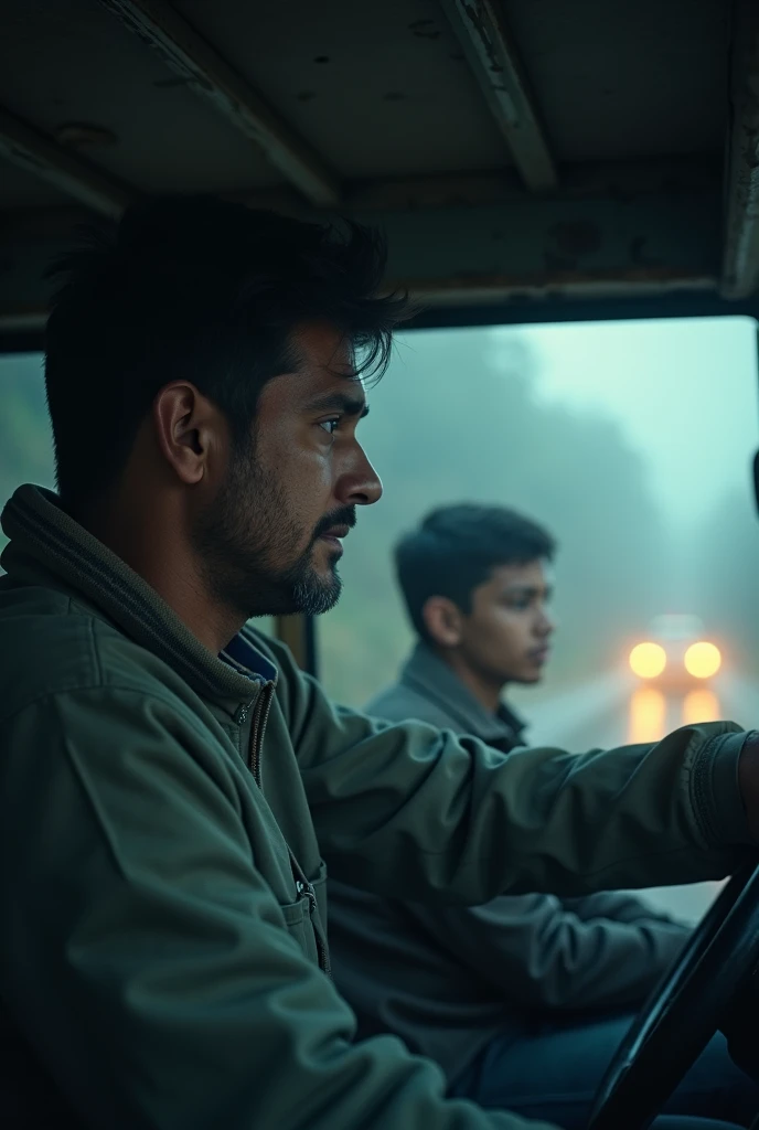 cinematic, photorealistic film poster of a young father driving an old van looking at his  son in the passenger seat, fear in faces, tension, misty air, dim light, close up, Kalimpong Sikkim Highway