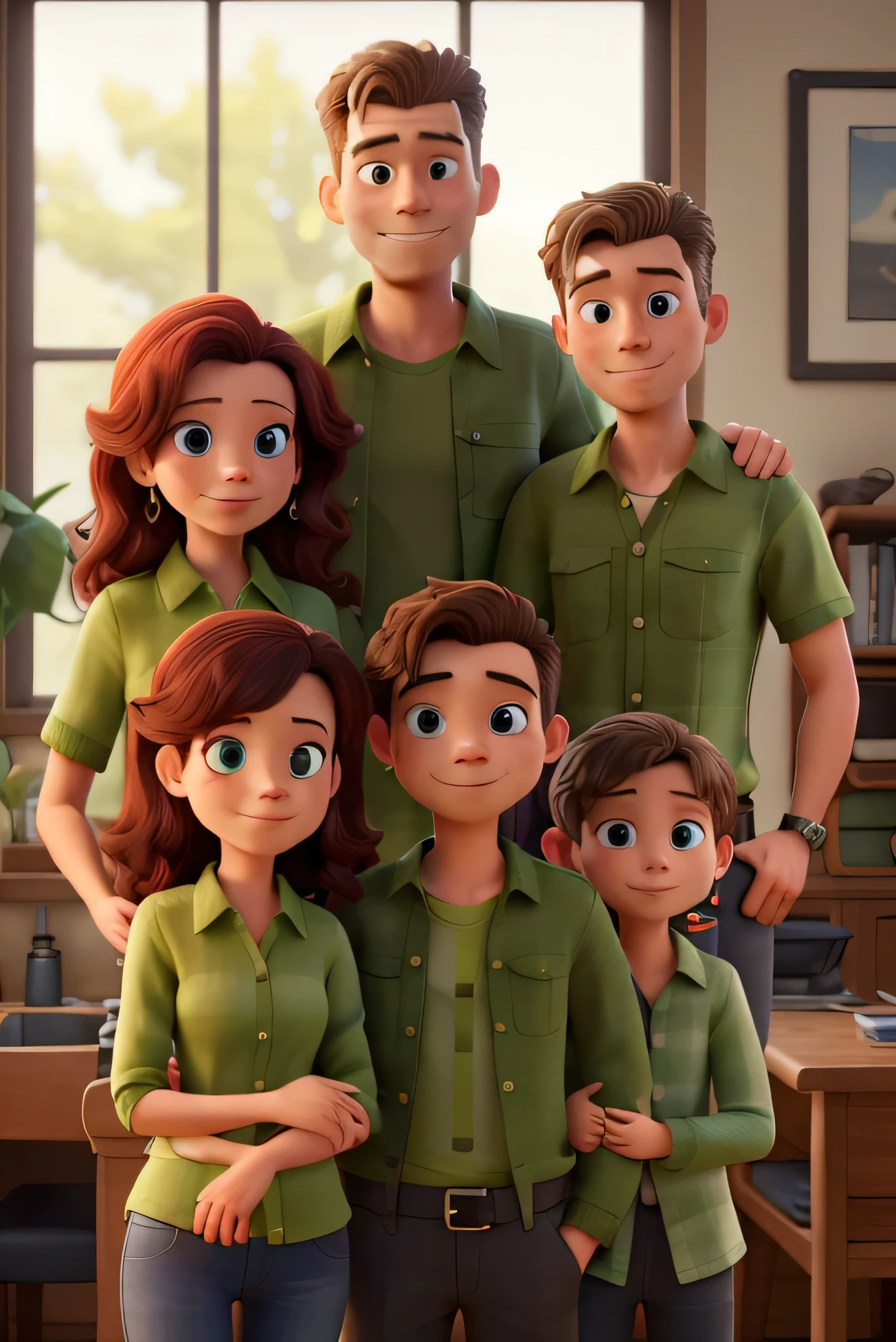 2 women and three men all wearing green shirts 
