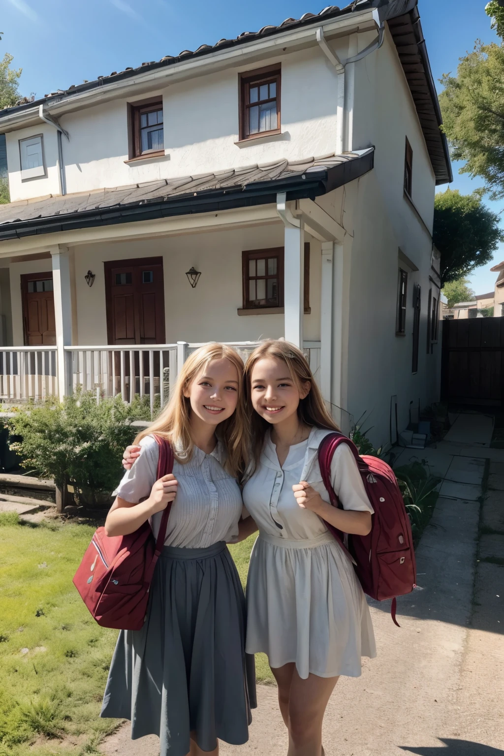Arrival at Grandma's House Scene: Maria Clara and Aurora arriving at the gate of grandma's house.
detaileds: Sunnyday, cozy house with a big yard. The girls with lively smiles, carrying backpacks. Obs: Maria Clara is and has dark blonde hair and Aurora is and has dark blonde hair