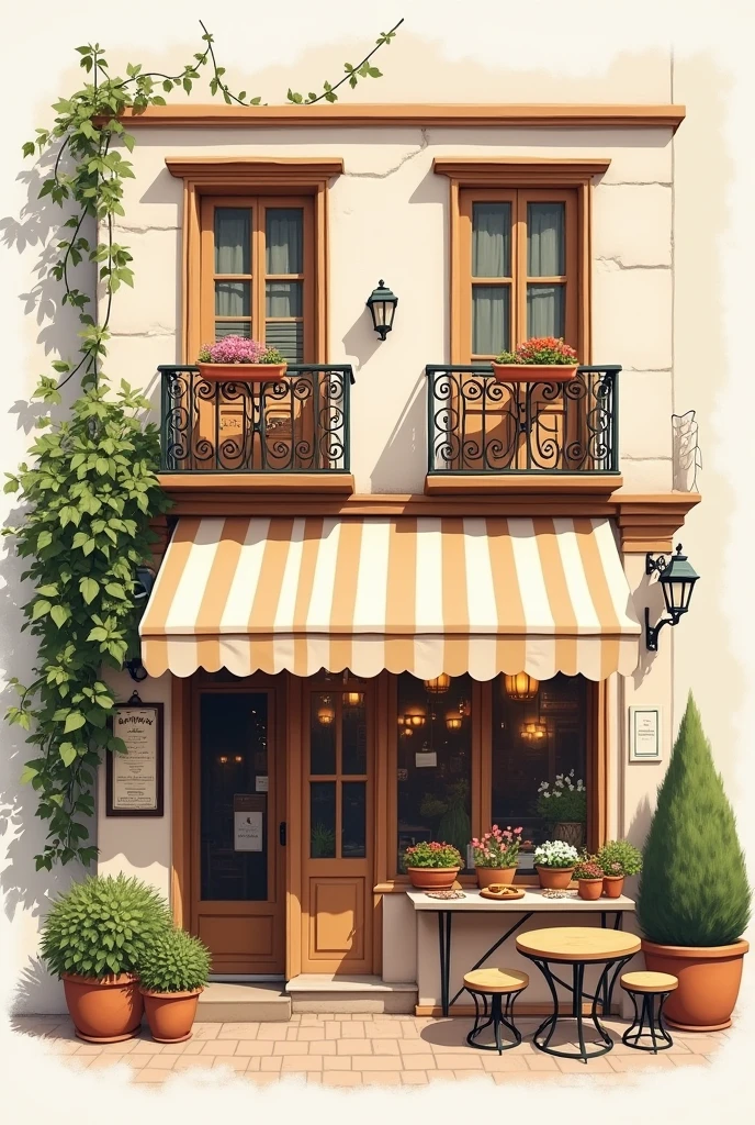 illustration/drawing of the facade of a cafe in the Caballito neighborhood, in French style. The facade must be tender and welcoming, with wrought iron balconies, windows with wooden shutters in soft tones, and a striped awning. It includes flower pots and a small terrace with bistro tables., reflecting the charm of the neighborhood.
