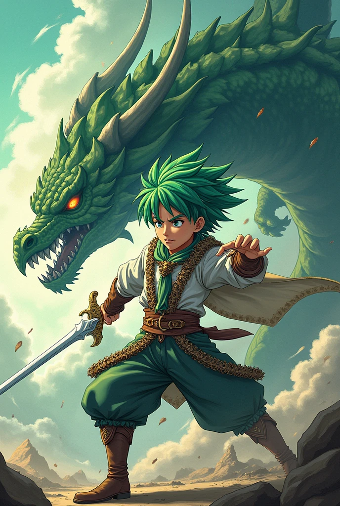 Green hair boy character sheet, styled by Akira Toriyama
(holding shining sword) character sheet, warrior style fighting with Dragon