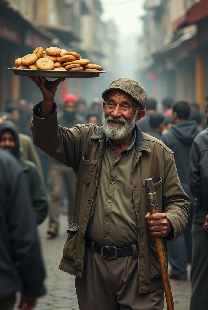 create a realistic and cinematic image of a blind cracker seller