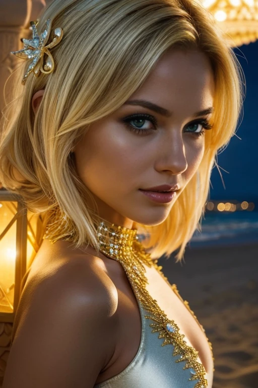 Woman on the beach at night, a sand castle glows. She has light blonde hair and wears a white silk bodysuit with yellow rhinestone flower appliqué . photorealistic details. Close-up of the two women