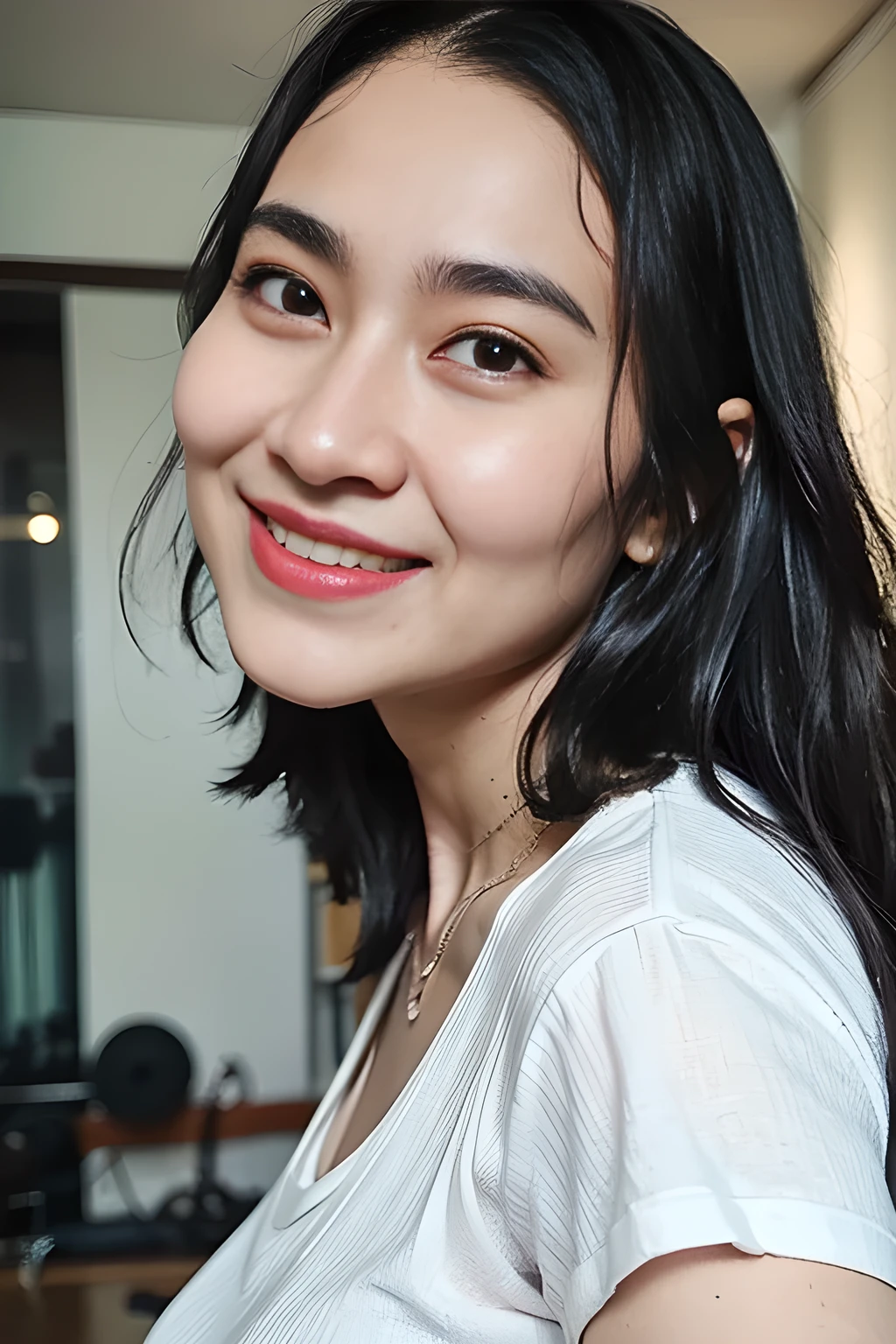 "Generate a very high-resolution image (8k, UHD) of a slim, young Indonesian woman with straight, non-curly hair, wearing a very wet, oversized white t-shirt over a mini apron, with minimal clothing underneath. The setting should be a bright, private gym with cinematic lighting and bokeh effects. The image should capture highly detailed facial features and skin texture, emphasizing vascular muscles and abs. The focus should be on dynamic, dramatic photography with a sultry yet realistic gaze at the camera. Ensure the image quality is high, with a detailed and realistic portrayal, avoiding any exaggerated or inappropriate elements."l