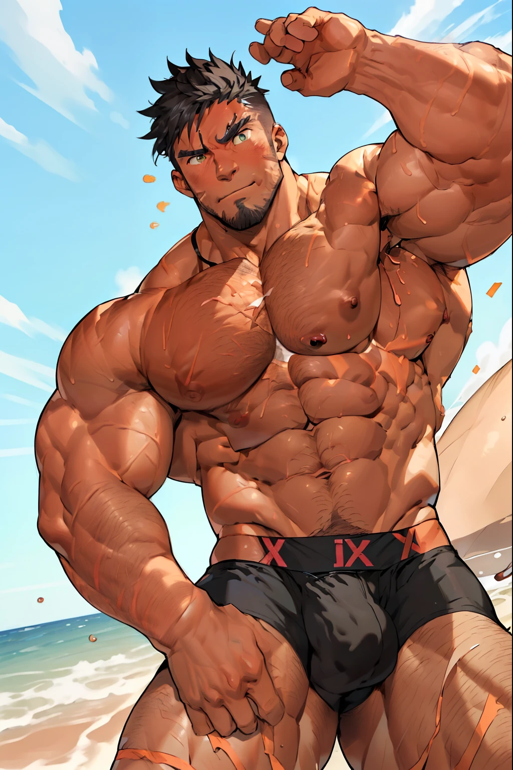 best quality, masterpiece, Extremely detailed, 1 person, Solitary, Mature雄性, Adult male, muscular, only, Macho, Strong, Large target, Studs, Black Hair, black beard, Thick beard, Green Eyes, Bright Eyes,, ((Show your pectoral muscles:1.5)), (beach), Looking at the audience, Beach background, Waves，(Thick body hair)，(他露出muscular, Hairy legs)，(Very prominent crotch)，(Very large)Broad shoulders，Muscles protrude a lot，Crotch bulge，(Long legs)，Highest image quality，Japanese cartoons ，Anime Wallpaper，Chest muscle expansion，Spread your legs，Sexy,(main part, best quality)，((Exaggerated muscle bulge))，Very prominent reproductive organs)，(Briefs thongs:1.6),(Crotch bulge呈现条状物:1.4)，Shell necklace ，(The upper body is completely bare:1.5)，Full chest muscles，Sagging breasts，Huge nipples，Muscular thighs，Legs close-up(barefoot)，(barefoot)，Mature，(Long legss covered with long, Thick leg hair)，Bigfoot,(whole body),(Long legs hair)muscular!, Giant muscles, muscular bodies, muscular character(Black nipple protrusion:1.8)Full chest muscles，Sagging breasts，Huge nipples，Muscular thighs，Legs close-up,(Exaggerated upward-looking composition:1.9)，Huge crotch，(Sunburn:1.8)，Crotch raised up to the sky